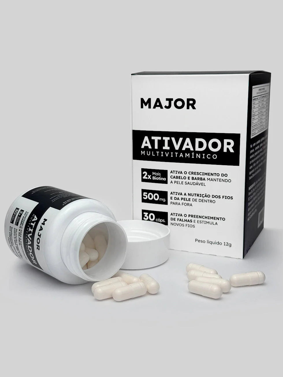 Ativador Major com cápsulas e embalagem – Multivitamínico com Biotina e B12 para ativar folículos, preencher falhas e estimular crescimento da barba
