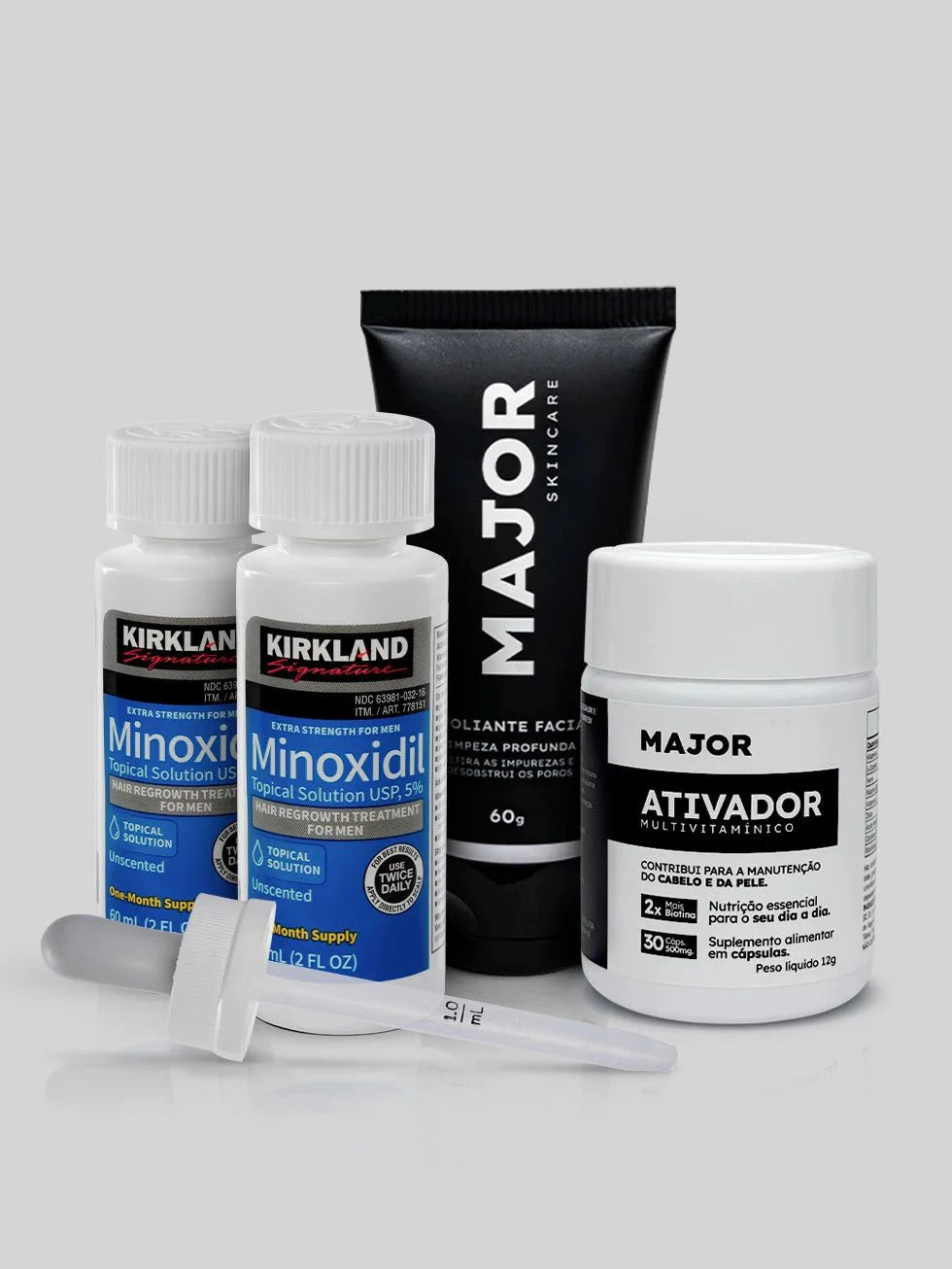 Kit Lenhador com Minoxidil Kirkland, Suplemento Ativador e Esfoliante Major