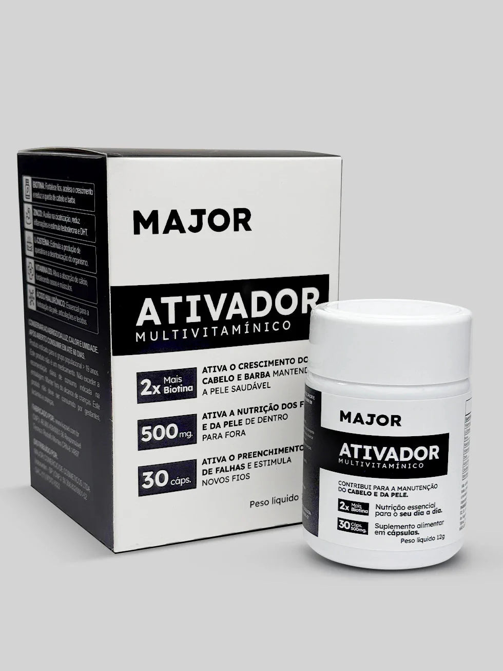 Embalagem e frasco do suplemento Ativador Major – Fórmula com alta dose de Biotina para manutenção da pele, crescimento capilar e saúde da barba